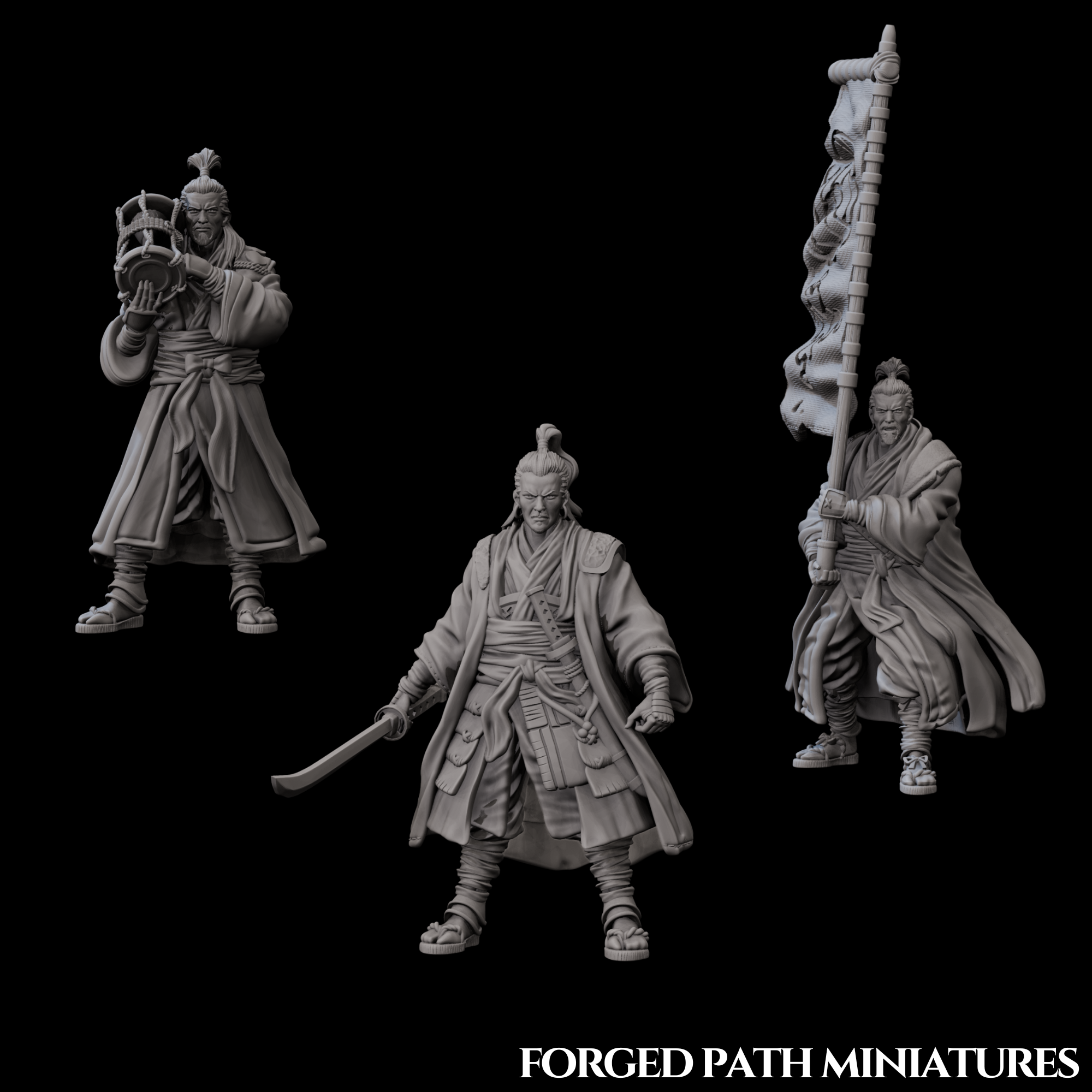 Japanese Ronin Command Unit – 3 Samurai Leaders & Banner Bearers | Bushido STL Miniatures